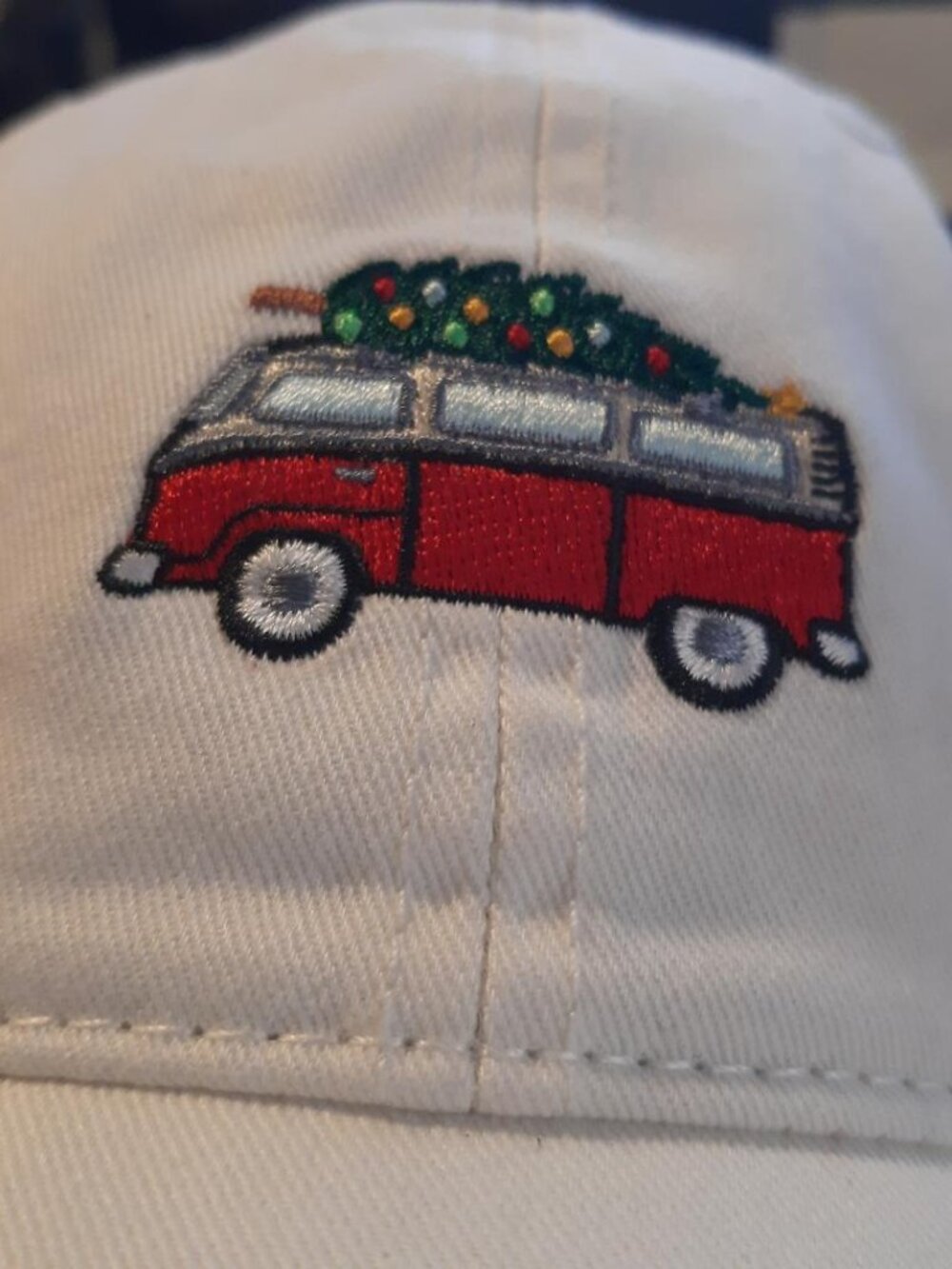 NEW TAG ! Mighty Fine Van&Truck Dad Hat Ivory Embroided Red Van W Christmas Tree - Picture 2 of 4